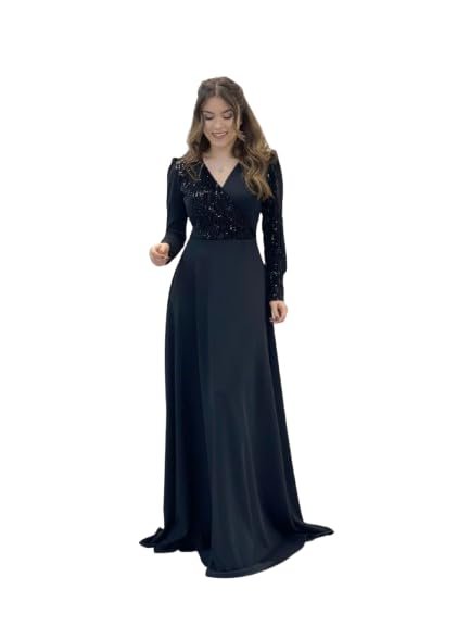 Thapnath Women Elegant Evening Bodycon Gown,Long Sleeve Sequin Bodice,Floor Length Black Formal Dress (In,Alpha,M,Regular,Black)