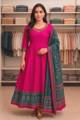 POREDHAN Elegant Chiffon Pink Gown for Women | Floor Length Flowy Evening Dress | Stylish Gown with Half Sleeve (in, Alpha, XL, Standard, Pink) - Image 5