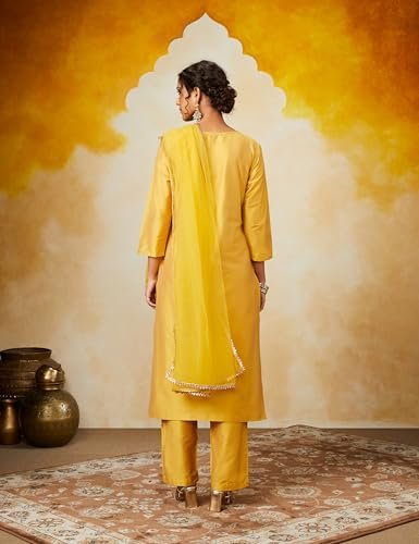 Myx Women's Embroidered Kurta Pant Set with Mesh Dupatta | Viscose,Rayon (AW24-MYX-SKD-VN-02_Mustard_L) - Image 6