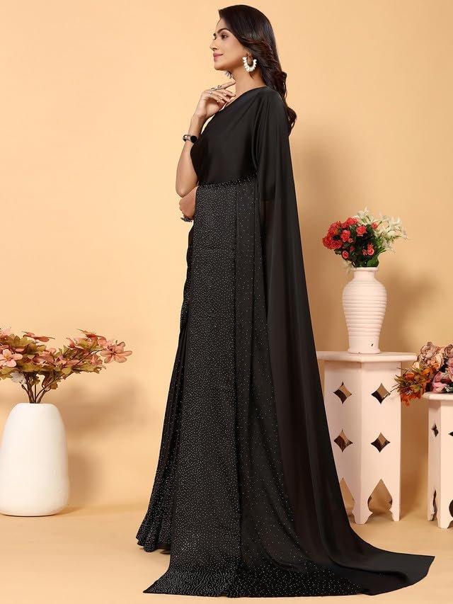 SIRIL Women's Satin Silk Hot Fixing Stone Work Saree with Unstitched Blouse(3111S412_Black) - Image 7