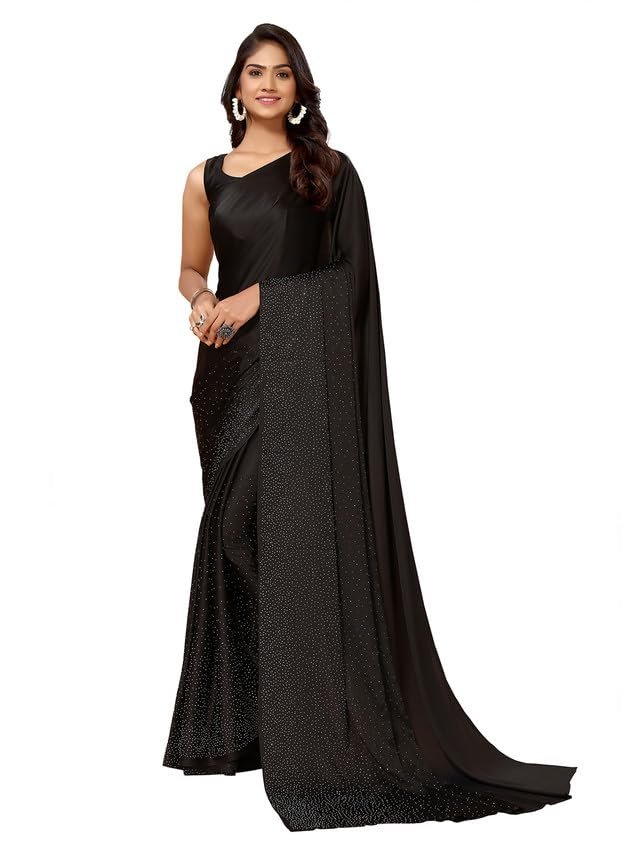 SIRIL Women's Satin Silk Hot Fixing Stone Work Saree with Unstitched Blouse(3111S412_Black)