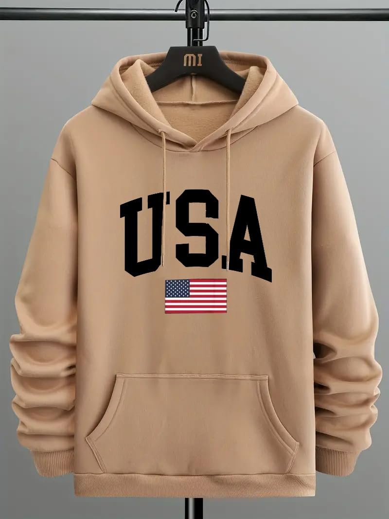 TagasMen's Hoodie with USA Print, Kangaroo Pocket and Drawstring Detail || Sweatshirt for Mens || Men Hoodies || hoodis||(MH-8015) Brown - Image 2