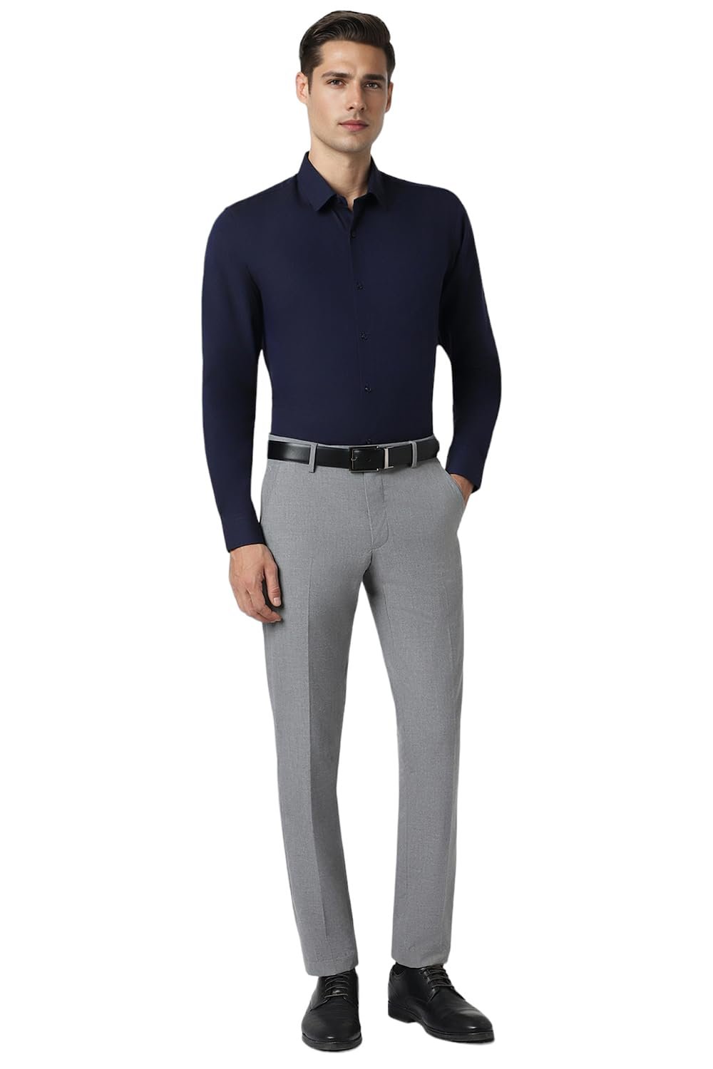 Peter England Men's Premium Solid Herringbone Regular Fit Full Sleeve Formal Shirt | Wonder Fabric | Cotton Rich Dark Navy - Image 2