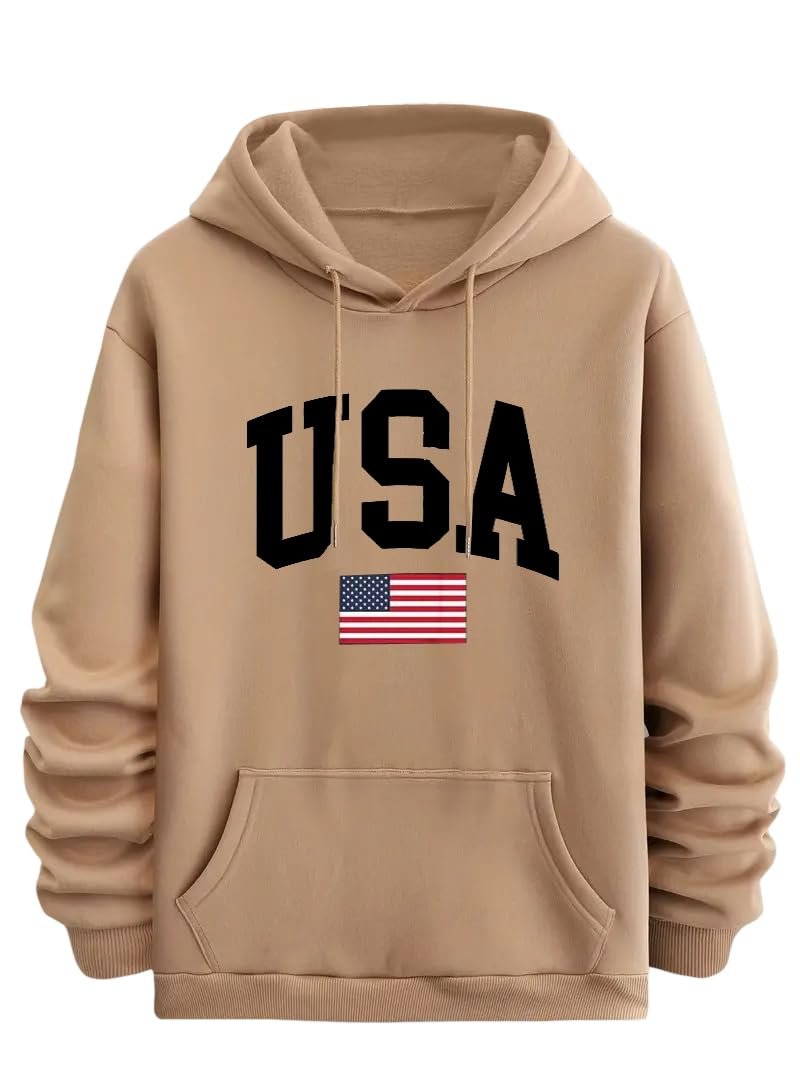 TagasMen's Hoodie with USA Print, Kangaroo Pocket and Drawstring Detail || Sweatshirt for Mens || Men Hoodies || hoodis||(MH-8015) Brown