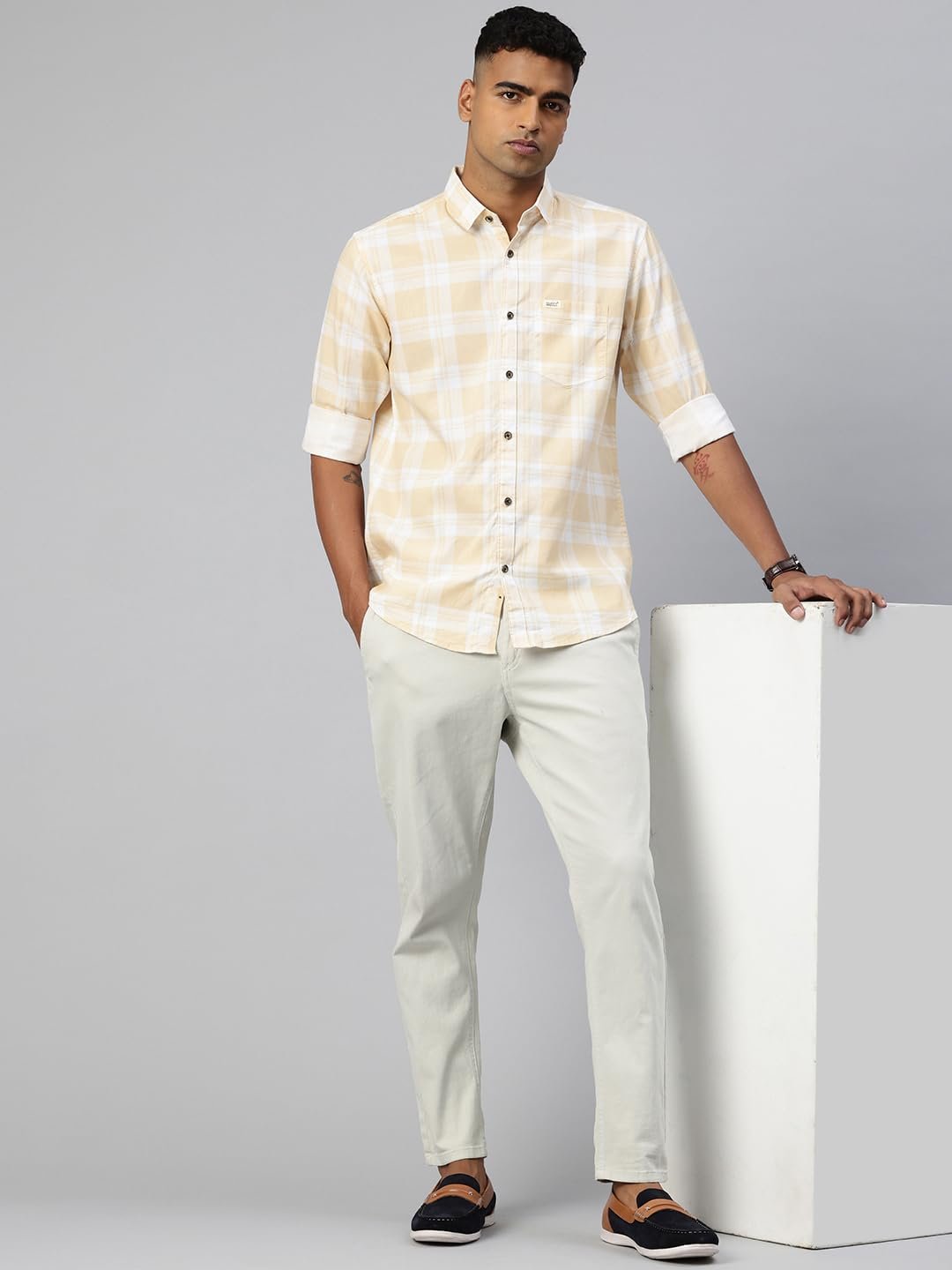 Majestic Man Comfort Slim Fit Pure Cotton Checked Casual Shirt (in, Alpha, L, Regular, Lemon) - Image 4