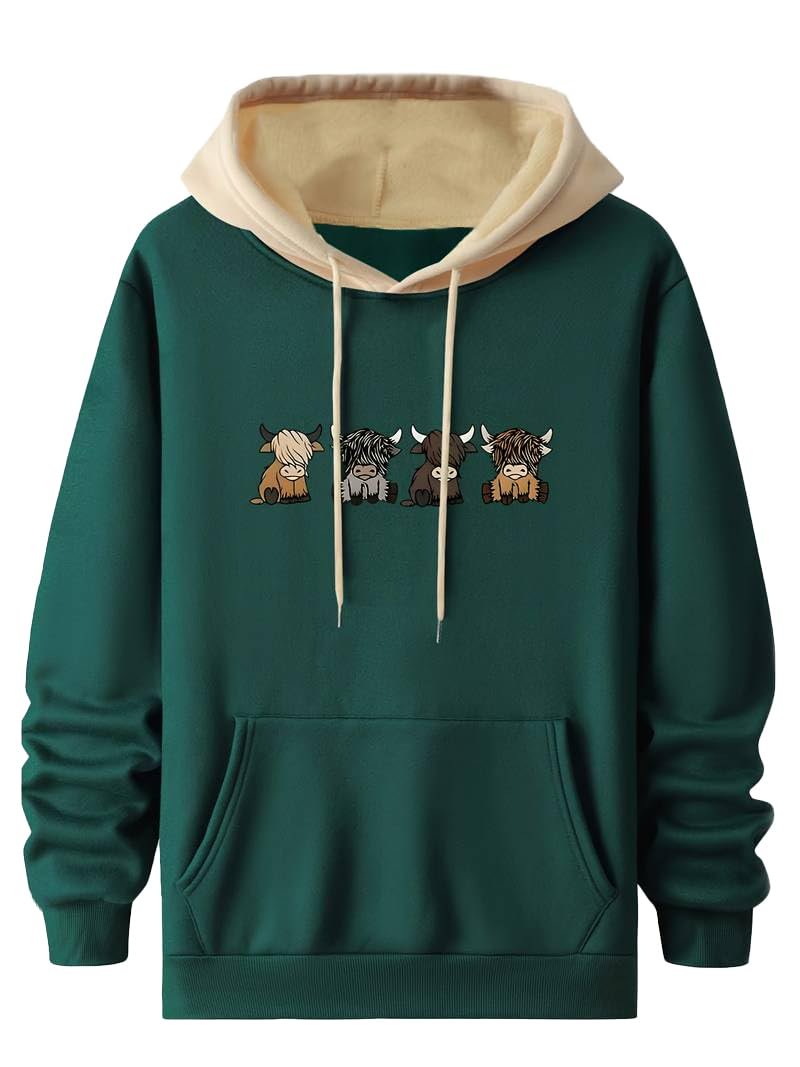 TAGDO® Men's Casual Woolen Hoodie with Cartoon Print | Hoodie for Man (Bull-HDY-2044-Dark Green-XXL)