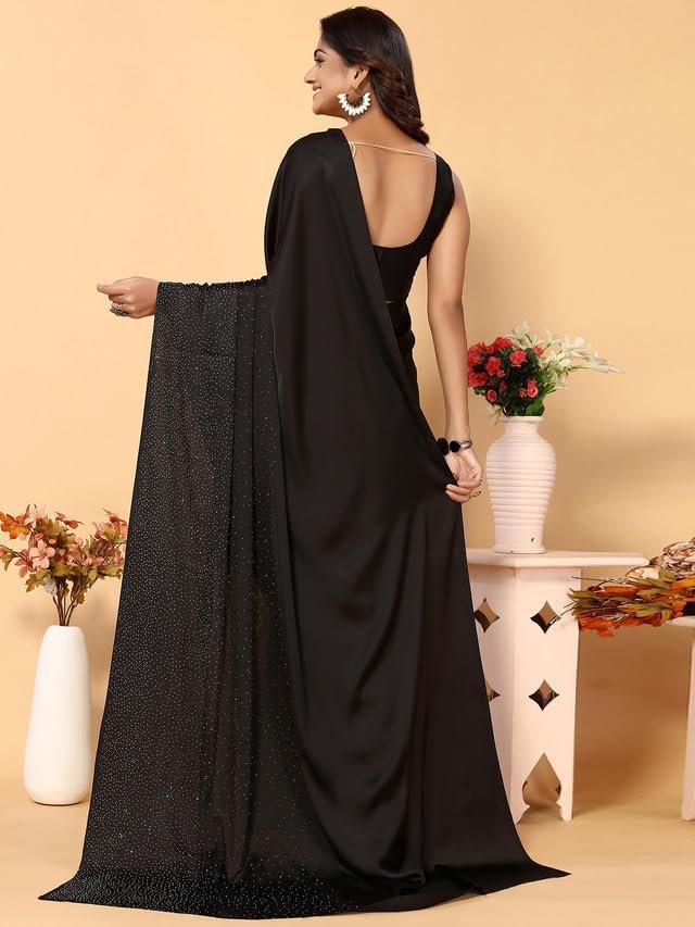 SIRIL Women's Satin Silk Hot Fixing Stone Work Saree with Unstitched Blouse(3111S412_Black) - Image 8