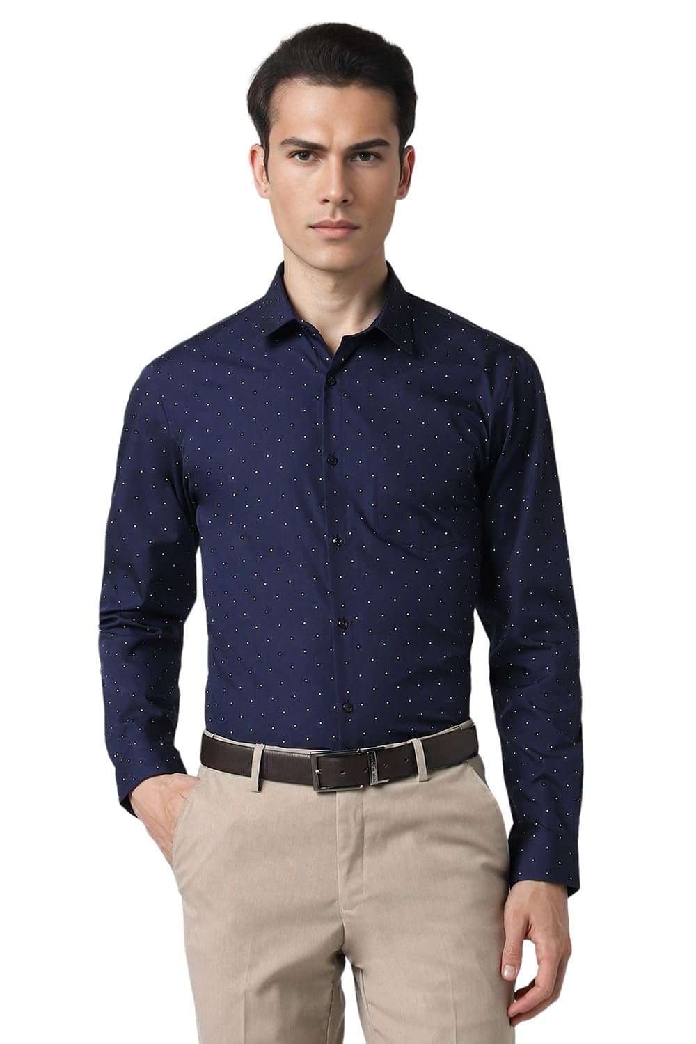 Peter England Men's Cotton Slim Fit Small Ditsy Printed Full Sleeve Shirt Navy, 40