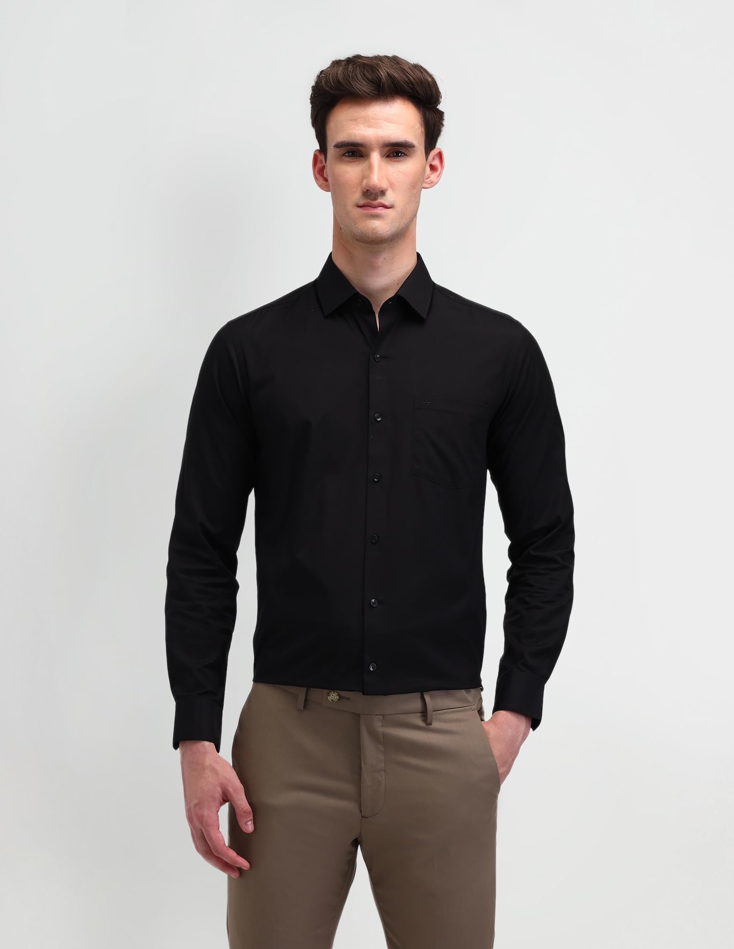 Arrow Men's Black Solid Spread Collar Long Sleeve Formal Cotton Slim Fit Shirt (ARES1151_Black_40) - Image 4