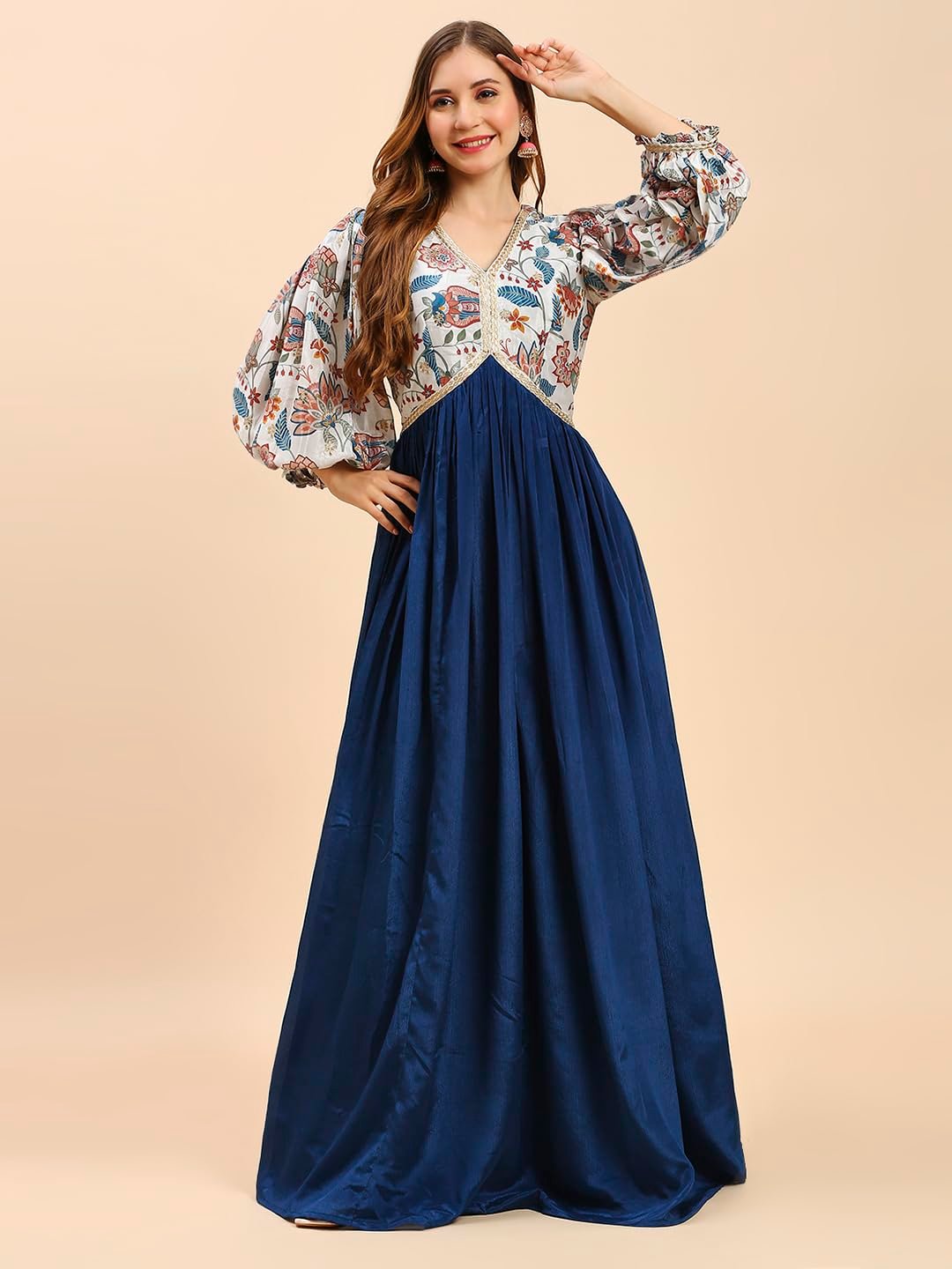 madhuram textiles Women's Chinon Gown For Women Ethnic With Digital Print And Embroidery Work Long Gown(M-2453 Mor Pichch_Small) Blue - Image 3