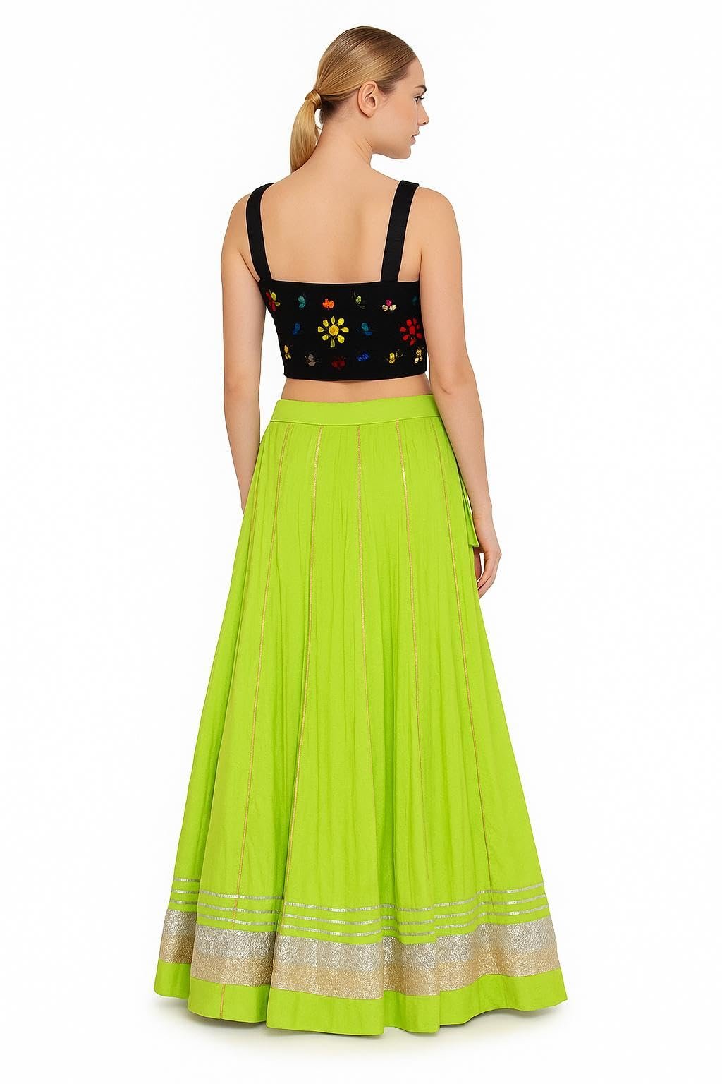 ZANKAR CREATION Women’s Ethnic Lehenga | Neon Green Flared Skirt | Festive & Party Indian Outfit with Traditional Mirror Work & Zari Border - Image 2