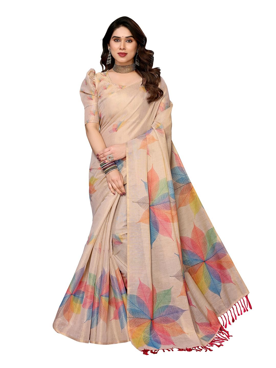 Yashika Women's Floral Digital Print Chandheri Saree with Unstitched Blouse Material_AZ-YS-P1-SASIKALA WHITE