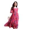 SMOWKLY Women's Georgette Floral Printed Indo-Western Ethnic Gown || Half Sleeve V Neck Fit & Flare Flared Hem Design || Casual Wear A-Line Maxi Dress Pink