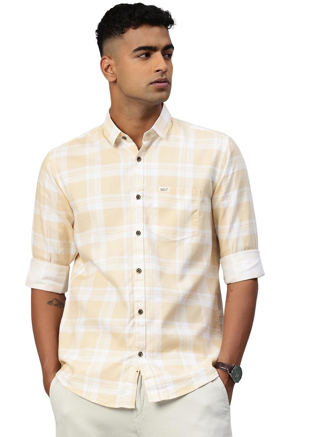 Majestic Man Comfort Slim Fit Pure Cotton Checked Casual Shirt (in, Alpha, L, Regular, Lemon)
