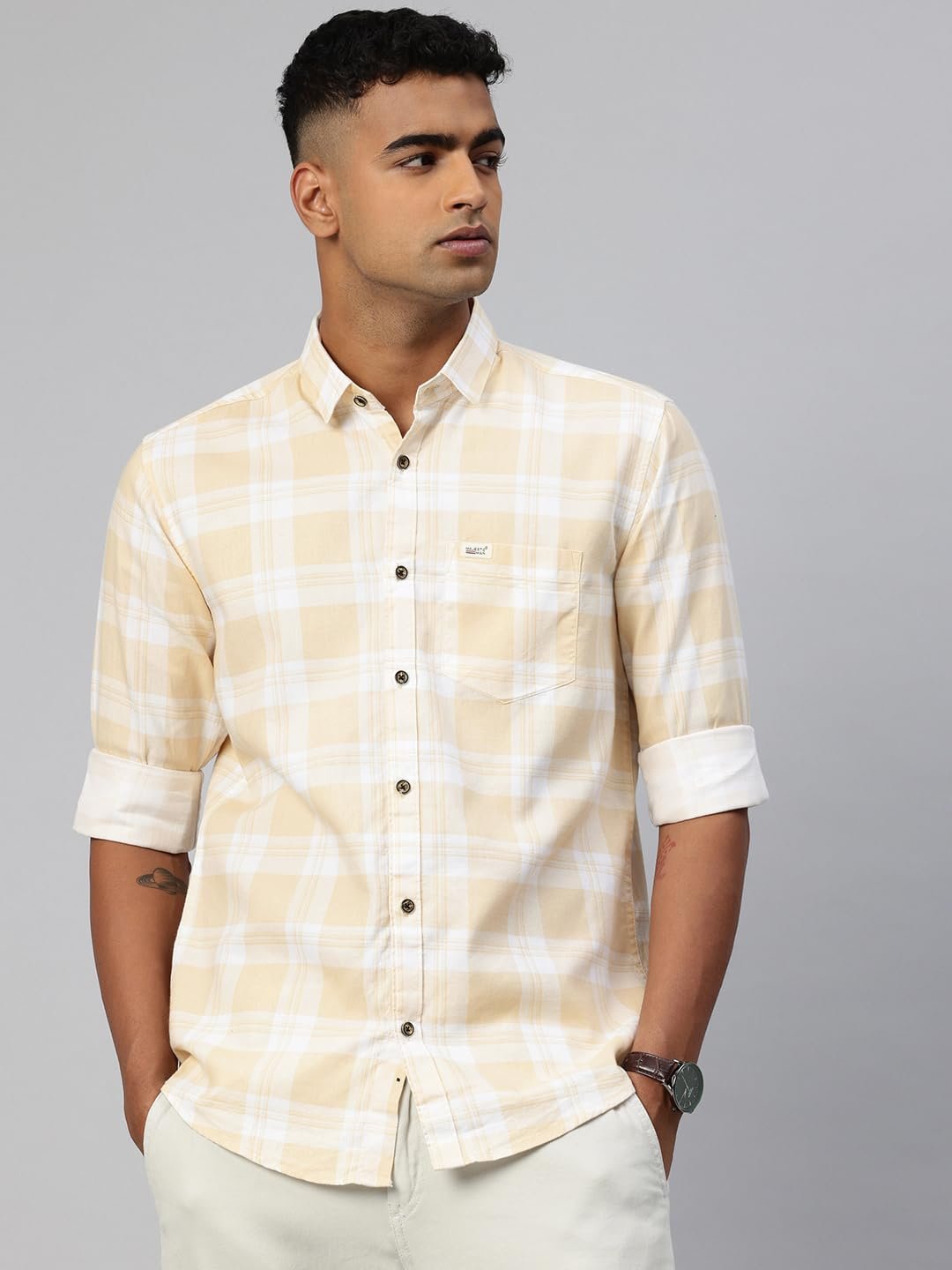 Majestic Man Comfort Slim Fit Pure Cotton Checked Casual Shirt (in, Alpha, L, Regular, Lemon) - Image 7