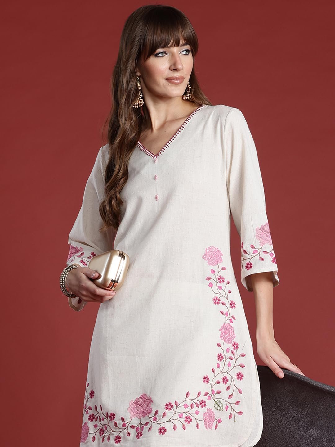 INDO ERA Women's Off White Pure Cotton Embroidered Straight Kurta & Palazzo Set (KS0OW9929_Medium) - Image 7