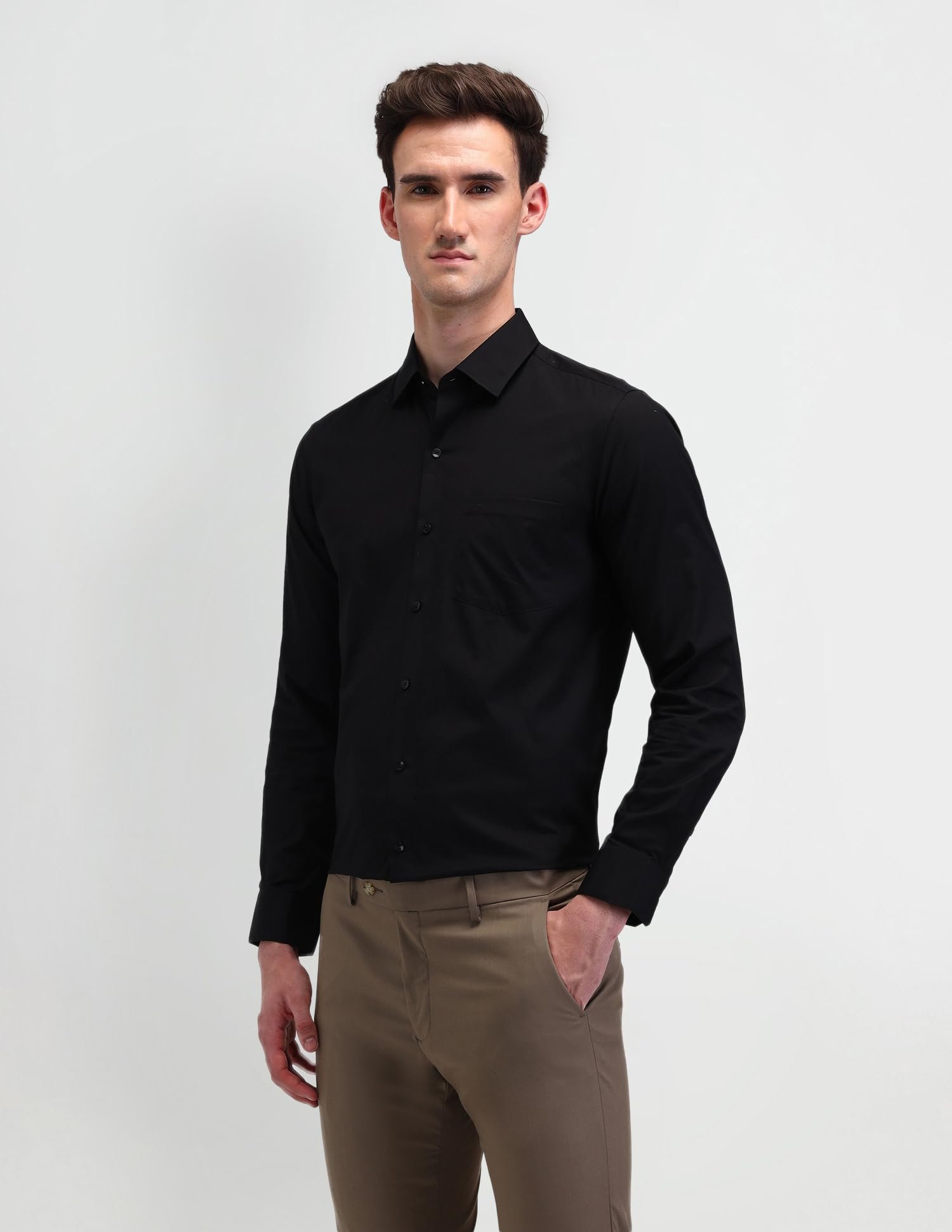 Arrow Men's Black Solid Spread Collar Long Sleeve Formal Cotton Slim Fit Shirt (ARES1151_Black_40) - Image 6