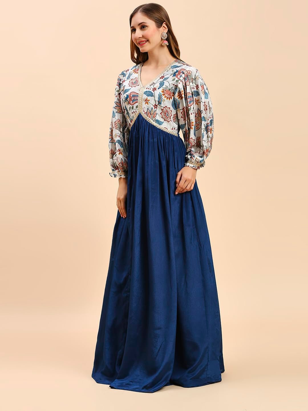 madhuram textiles Women's Chinon Gown For Women Ethnic With Digital Print And Embroidery Work Long Gown(M-2453 Mor Pichch_Small) Blue - Image 7