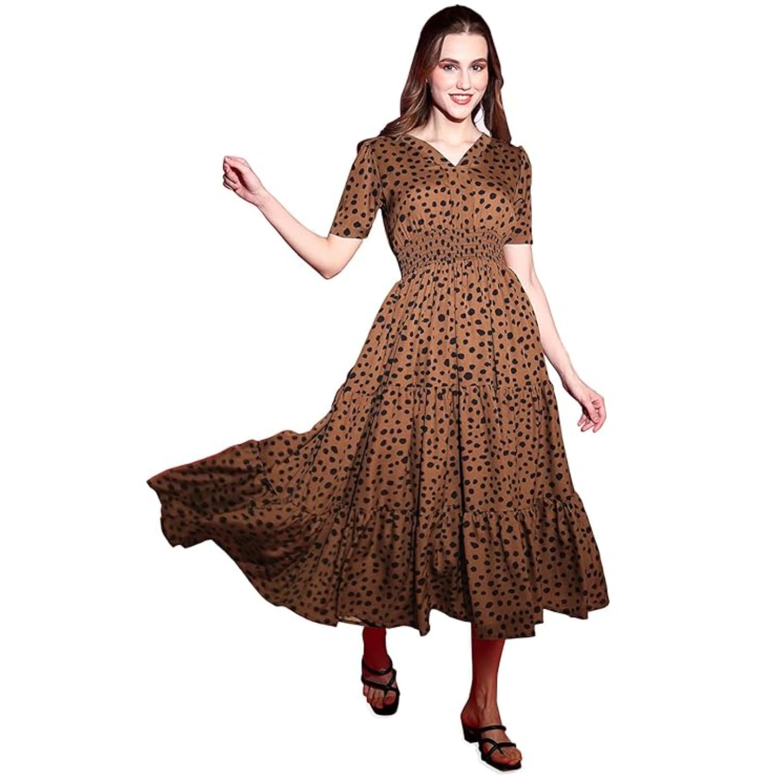 Sheetal Associates Women's Crepe Fit and Flare Printed Half Sleeve V-Neck Casual Dress Maroon