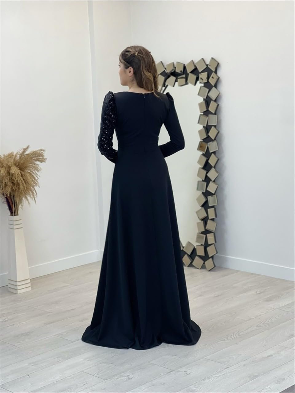 Thapnath Women Elegant Evening Bodycon Gown,Long Sleeve Sequin Bodice,Floor Length Black Formal Dress (In,Alpha,M,Regular,Black) - Image 2