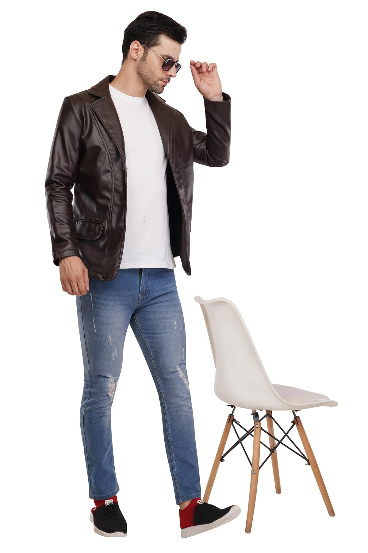 Men's Stylish Foux Leather Single Breasted Blazer, For Men Button-Front (IN, Alpha, M, Regular, CHOCLATE BROWN) - Image 3