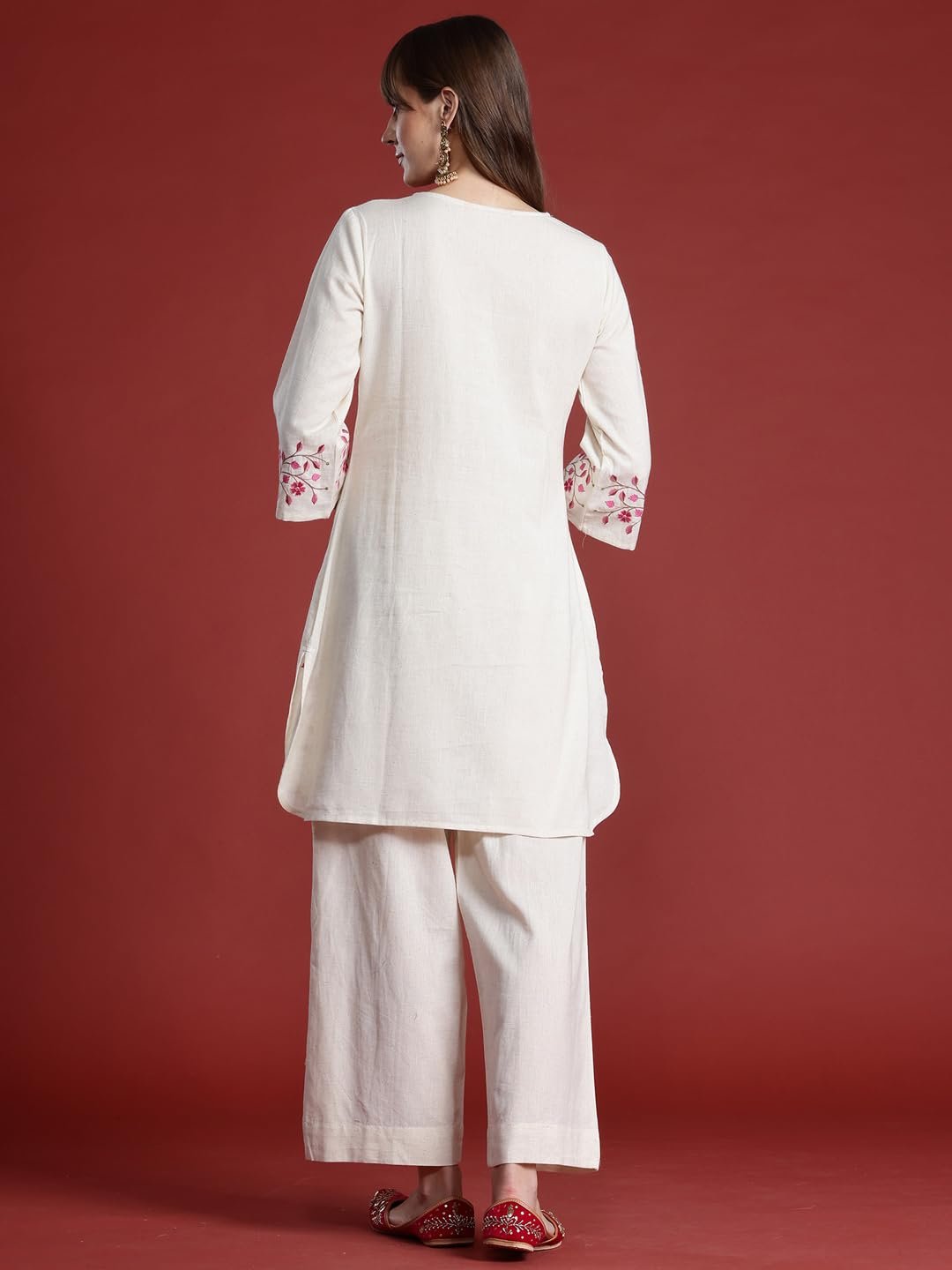 INDO ERA Women's Off White Pure Cotton Embroidered Straight Kurta & Palazzo Set (KS0OW9929_Medium) - Image 5