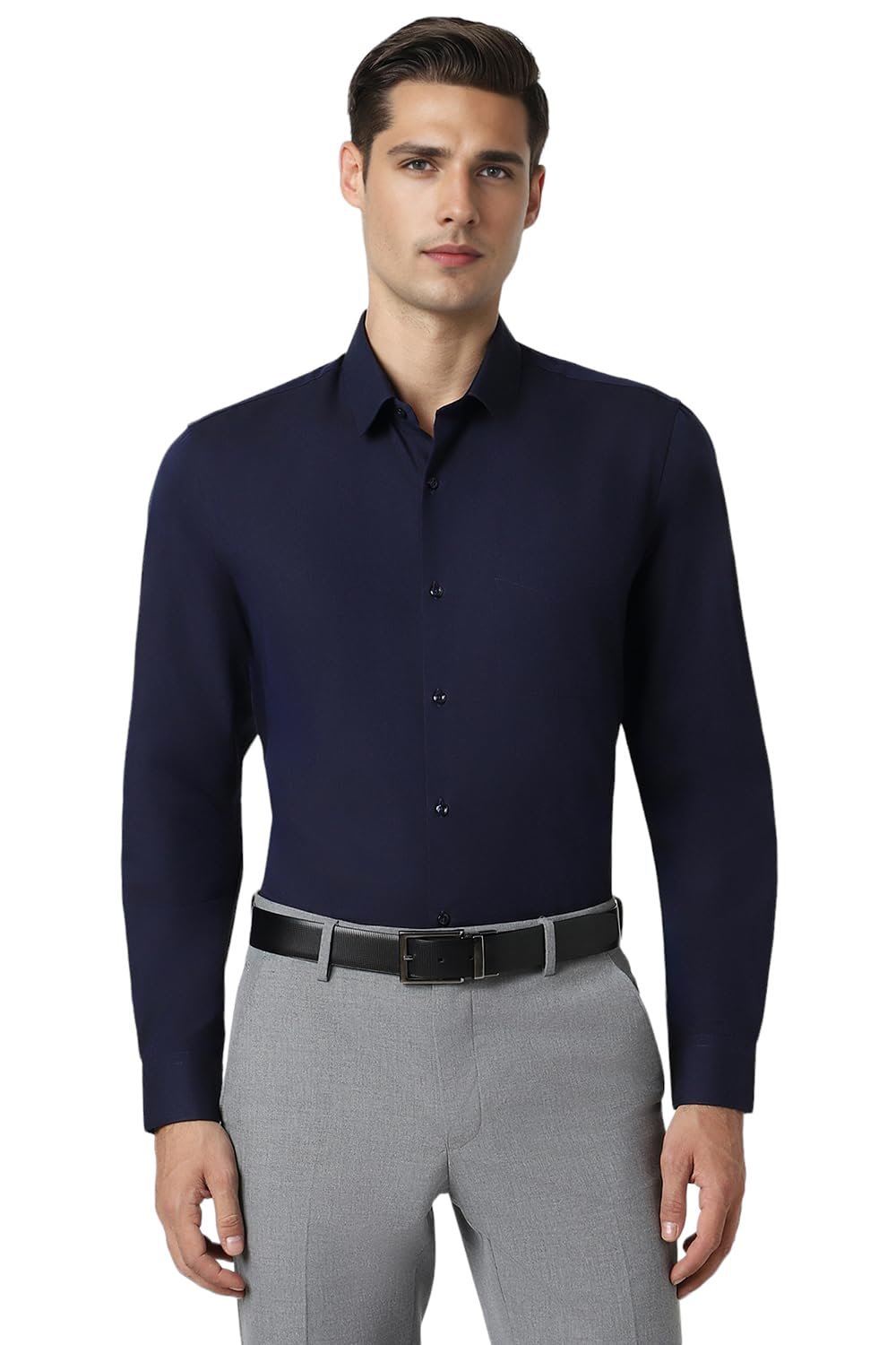 Peter England Men's Premium Solid Herringbone Regular Fit Full Sleeve Formal Shirt | Wonder Fabric | Cotton Rich Dark Navy