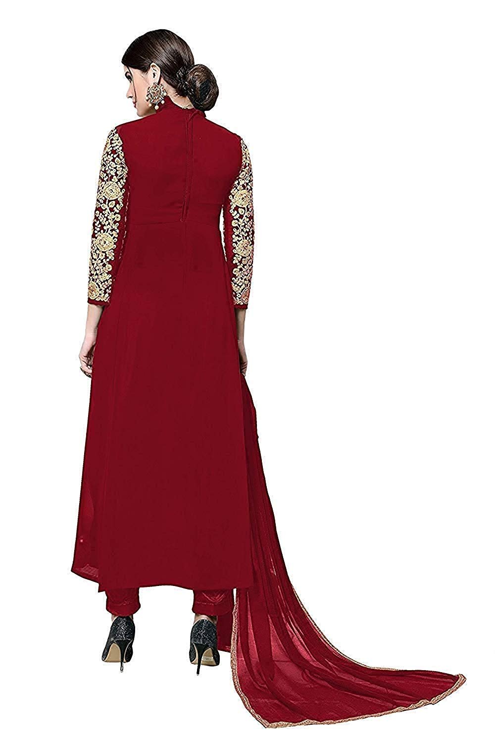 Florely Women's Embroidered Georgette Unstiched Anarkali Gown with Dupatta(Codding) (Red) - Image 3