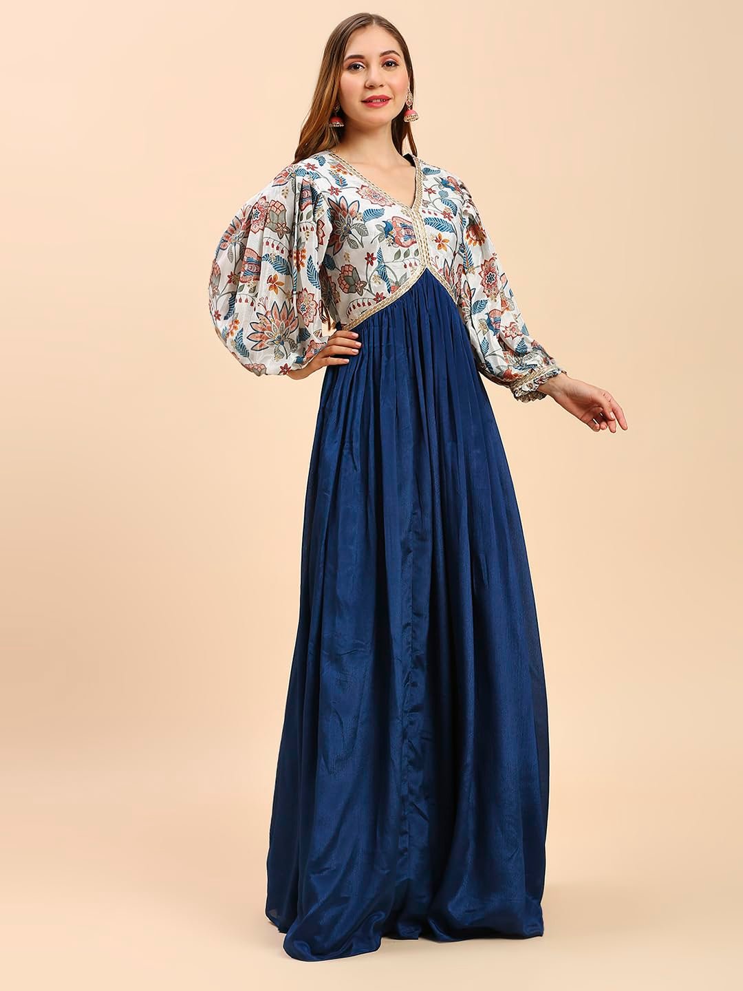 madhuram textiles Women's Chinon Gown For Women Ethnic With Digital Print And Embroidery Work Long Gown(M-2453 Mor Pichch_Small) Blue - Image 6