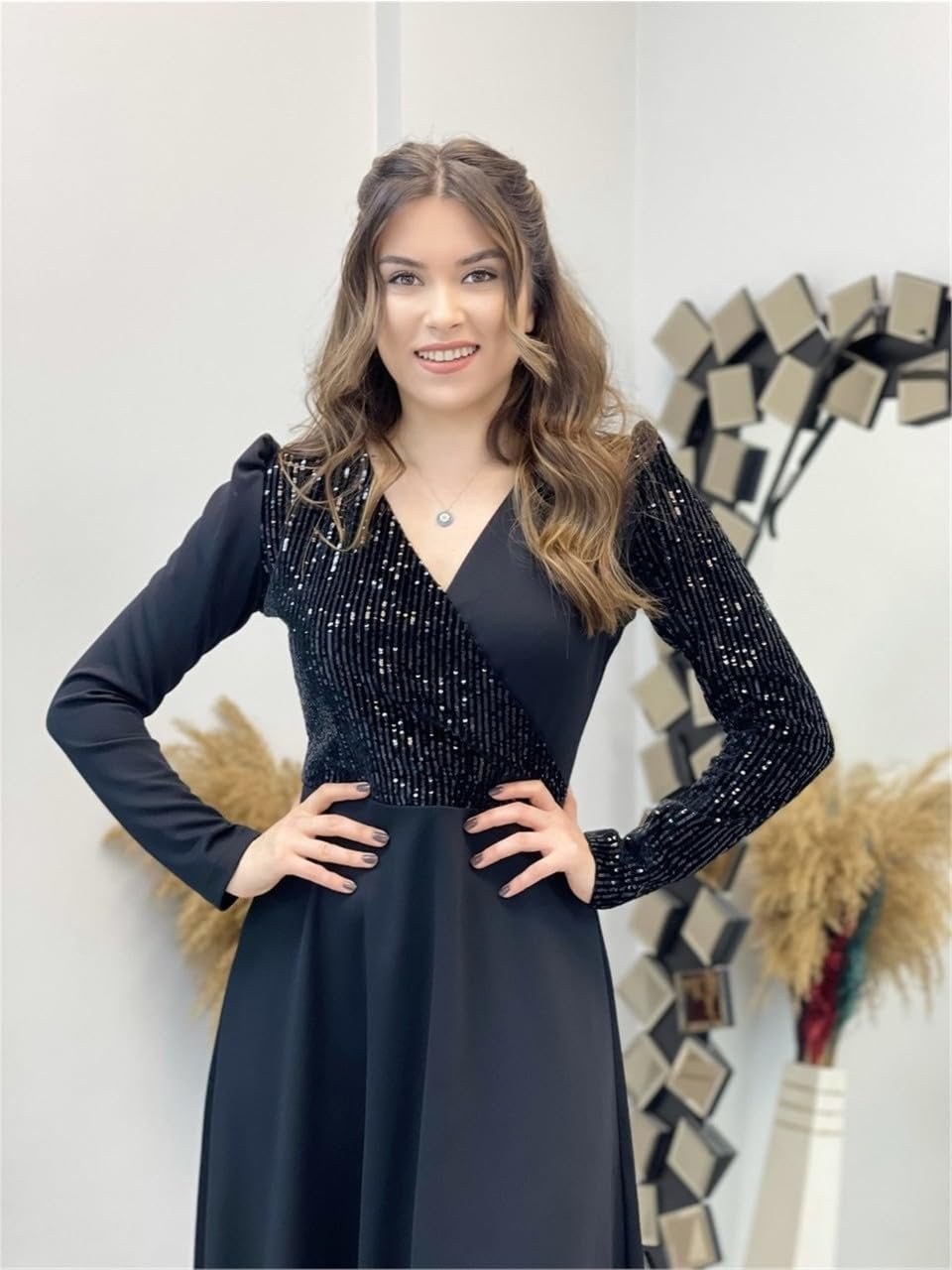 Thapnath Women Elegant Evening Bodycon Gown,Long Sleeve Sequin Bodice,Floor Length Black Formal Dress (In,Alpha,M,Regular,Black) - Image 3