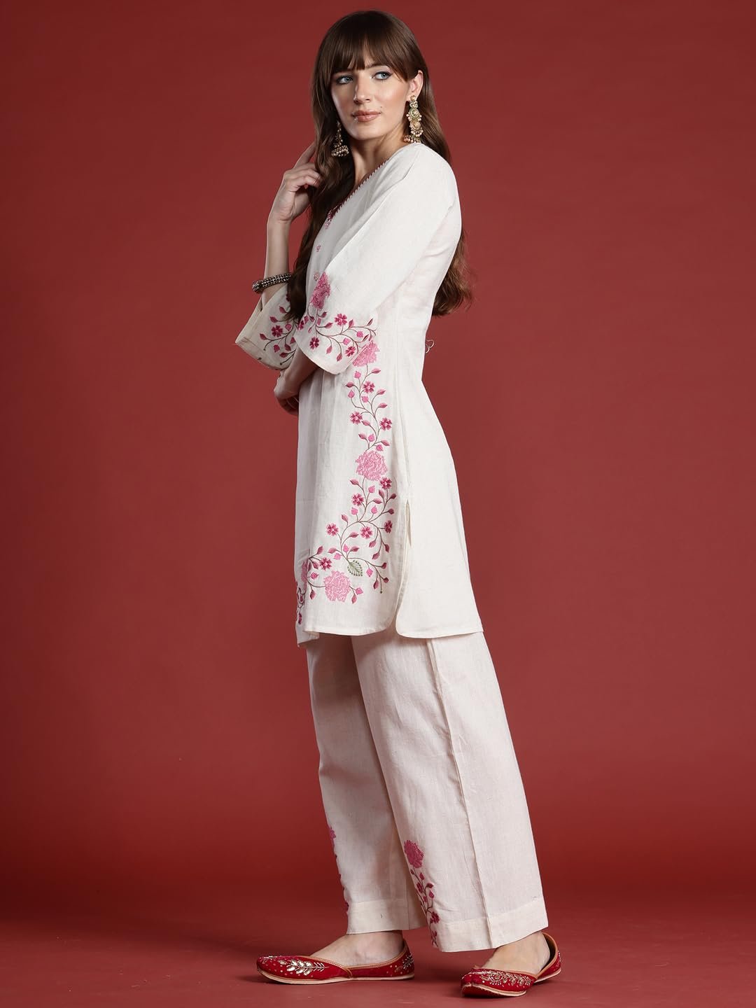 INDO ERA Women's Off White Pure Cotton Embroidered Straight Kurta & Palazzo Set (KS0OW9929_Medium) - Image 4