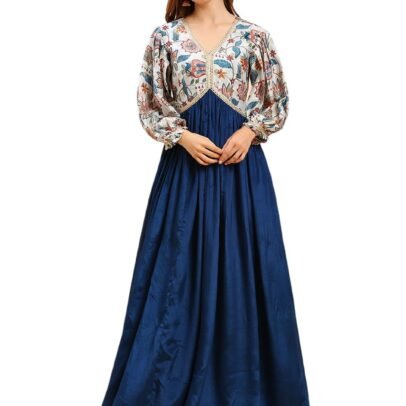 madhuram textiles Women's Chinon Gown For Women Ethnic With Digital Print And Embroidery Work Long Gown(M-2453 Mor Pichch_Small) Blue