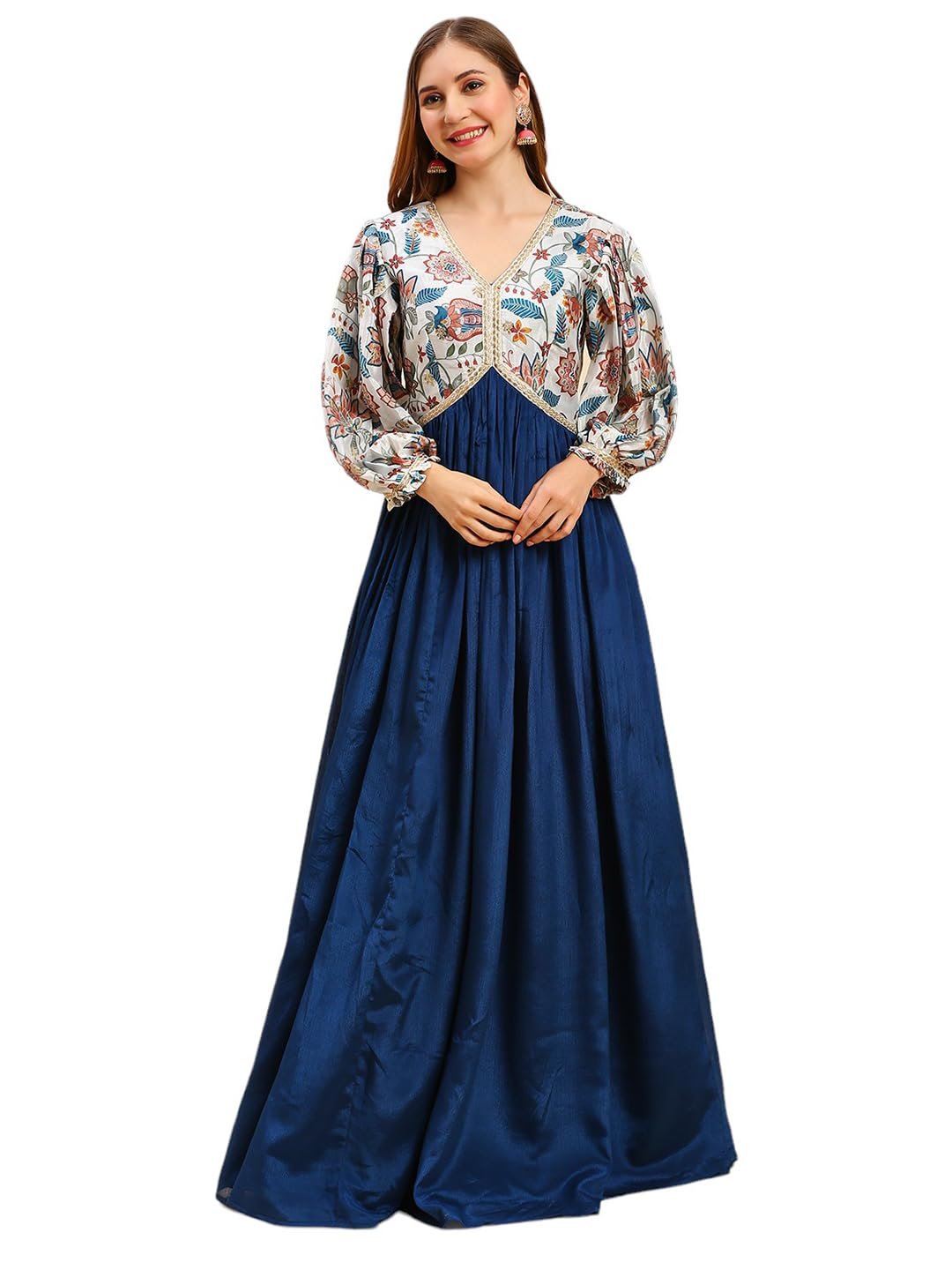 madhuram textiles Women's Chinon Gown For Women Ethnic With Digital Print And Embroidery Work Long Gown(M-2453 Mor Pichch_Small) Blue