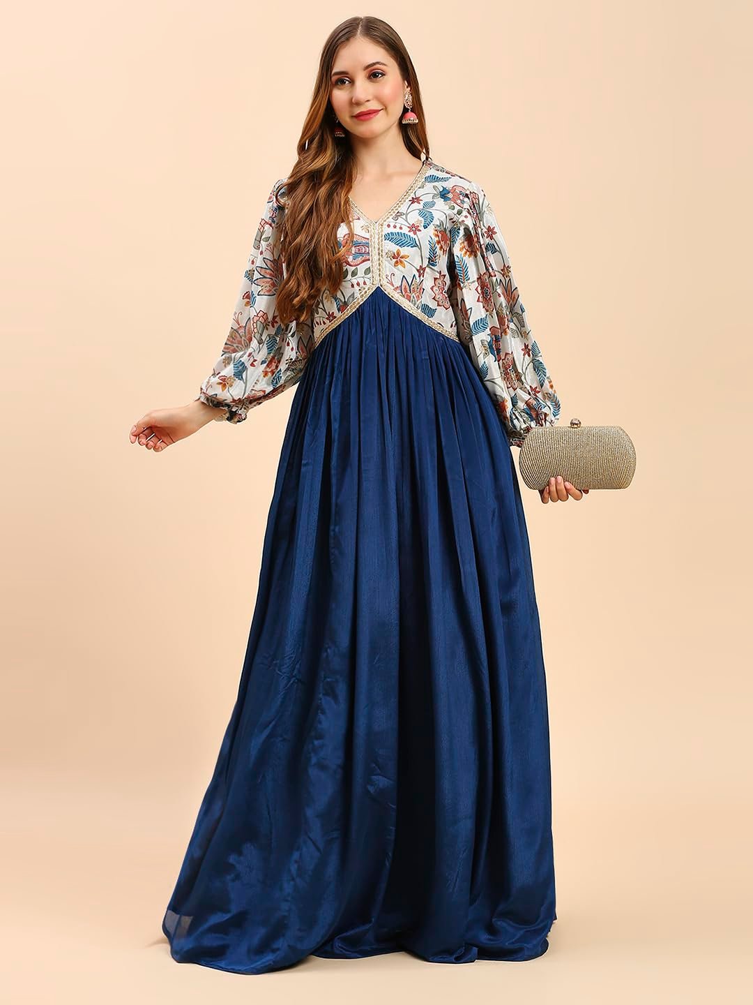 madhuram textiles Women's Chinon Gown For Women Ethnic With Digital Print And Embroidery Work Long Gown(M-2453 Mor Pichch_Small) Blue - Image 2