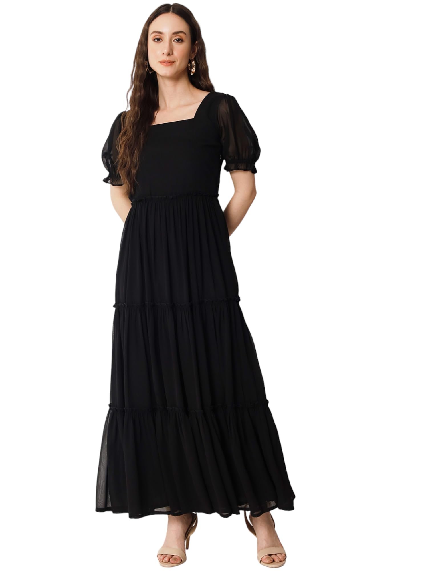 Femvy Designer Georgette Solid Fit and Flare Maxi Gown for Women 761 Black, XL