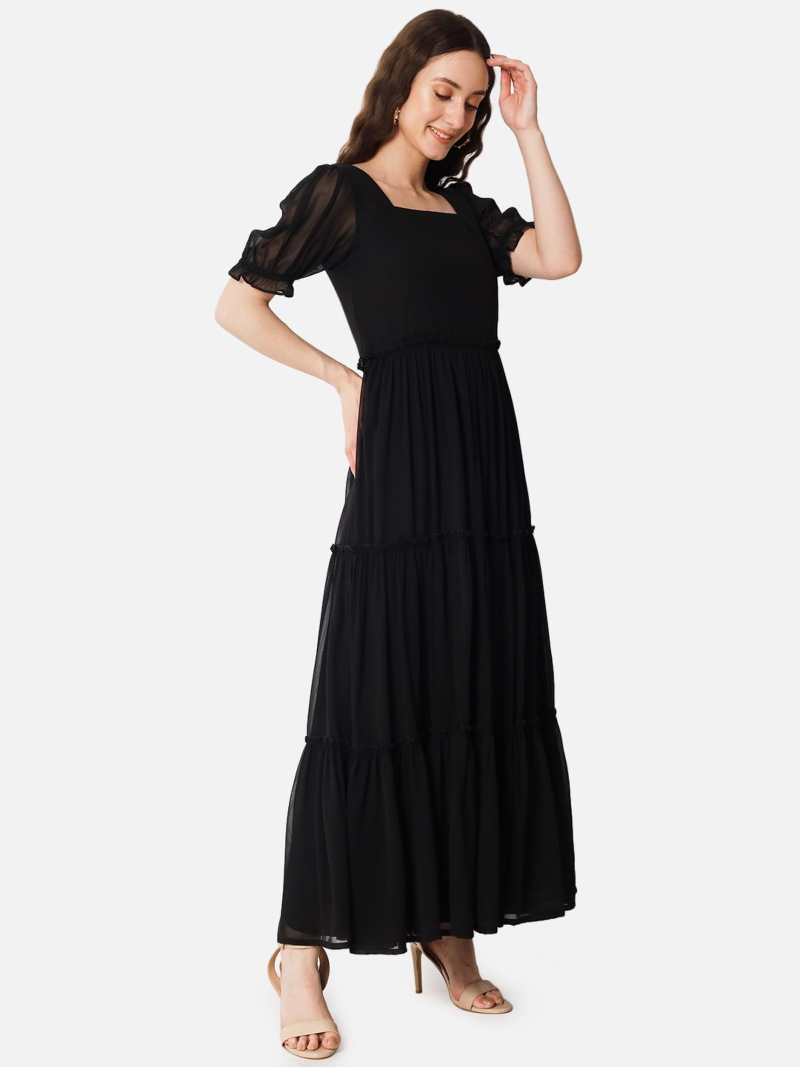 Femvy Designer Georgette Solid Fit and Flare Maxi Gown for Women 761 Black, XL - Image 5