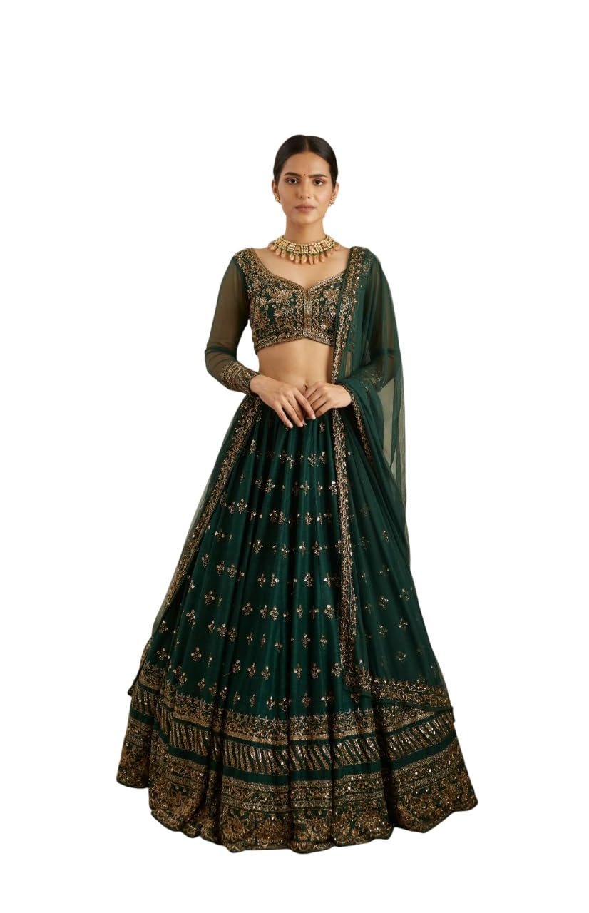 Aika Creation Women's Chinon Embroidered Semi-Stitched Lehenga Choli Green Vally LH