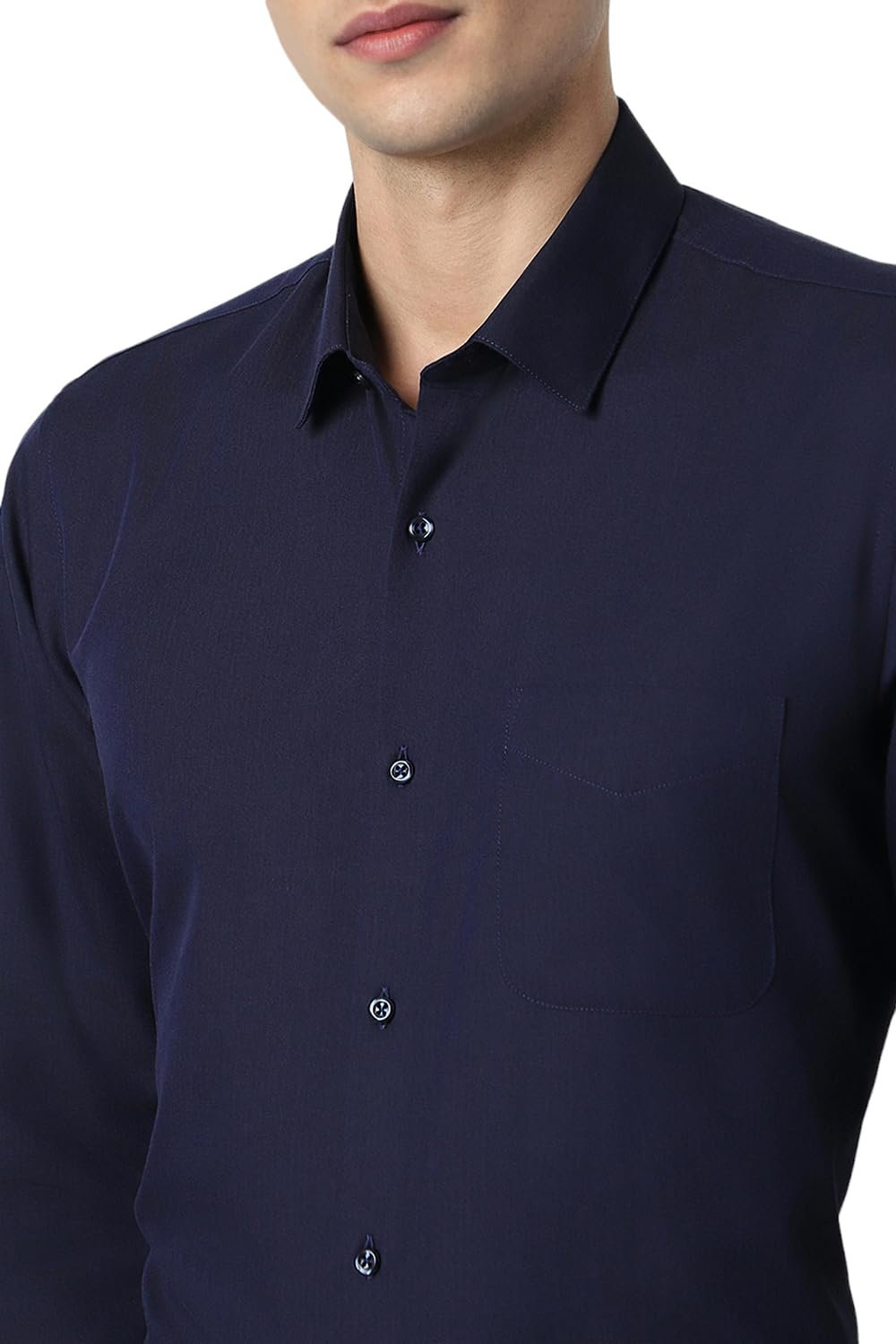 Peter England Men's Premium Solid Herringbone Regular Fit Full Sleeve Formal Shirt | Wonder Fabric | Cotton Rich Dark Navy - Image 3