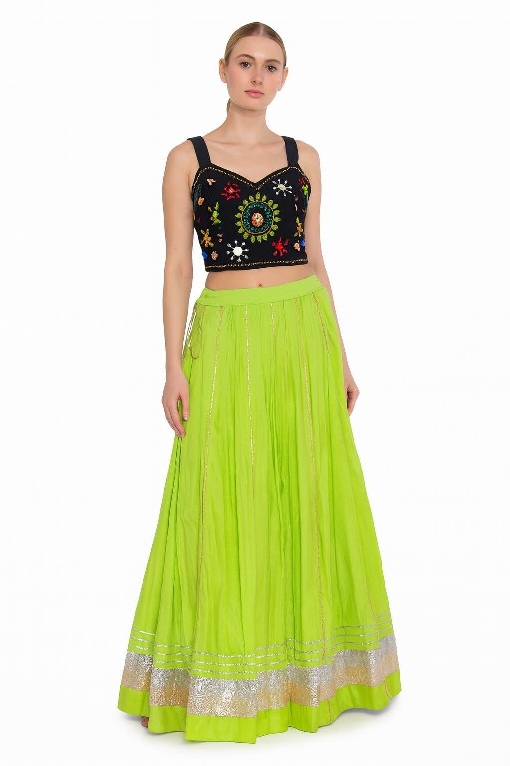 ZANKAR CREATION Women’s Ethnic Lehenga | Neon Green Flared Skirt | Festive & Party Indian Outfit with Traditional Mirror Work & Zari Border