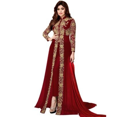 Florely Women's Embroidered Georgette Unstiched Anarkali Gown with Dupatta(Codding) (Red)