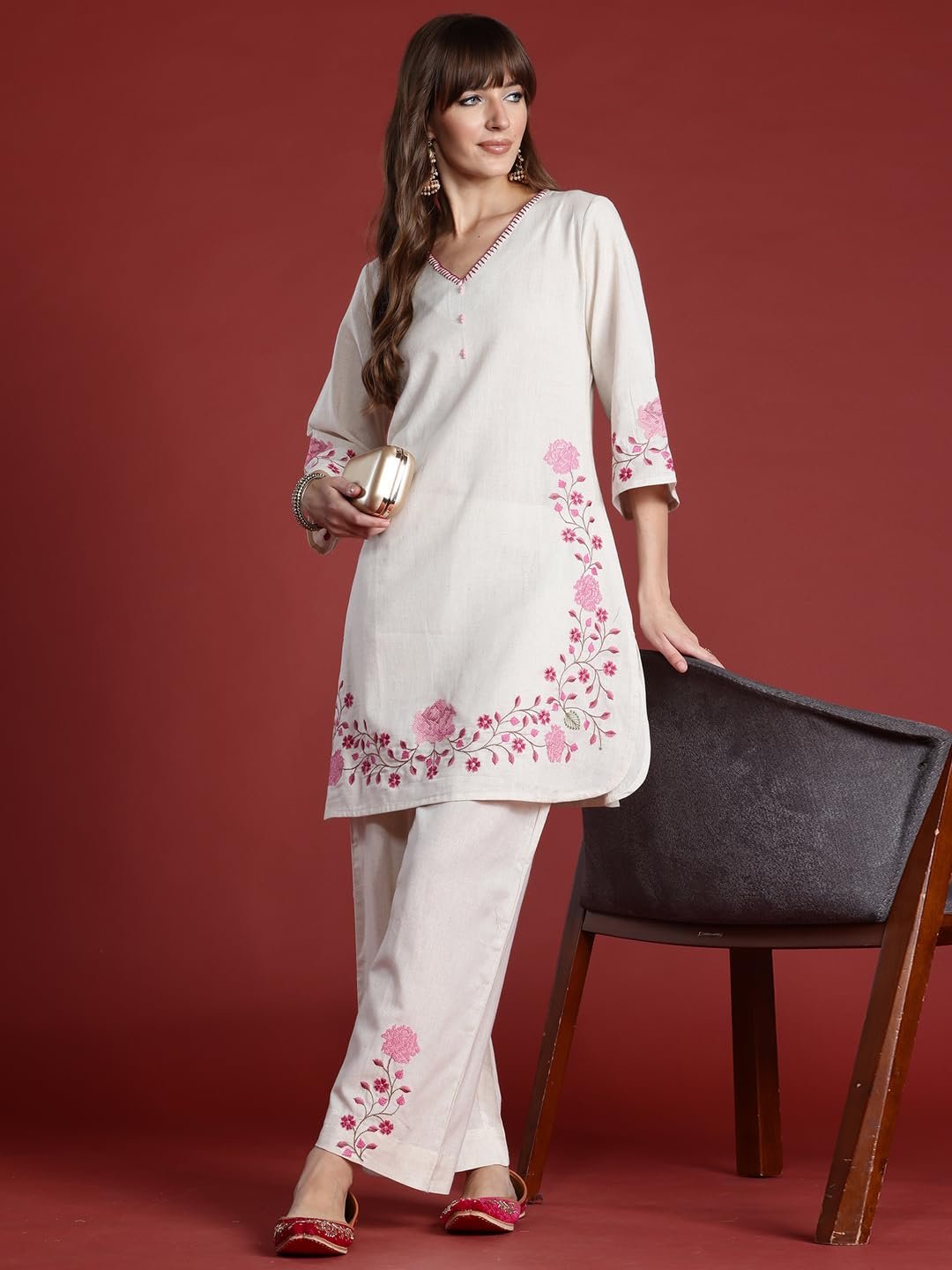 INDO ERA Women's Off White Pure Cotton Embroidered Straight Kurta & Palazzo Set (KS0OW9929_Medium) - Image 2