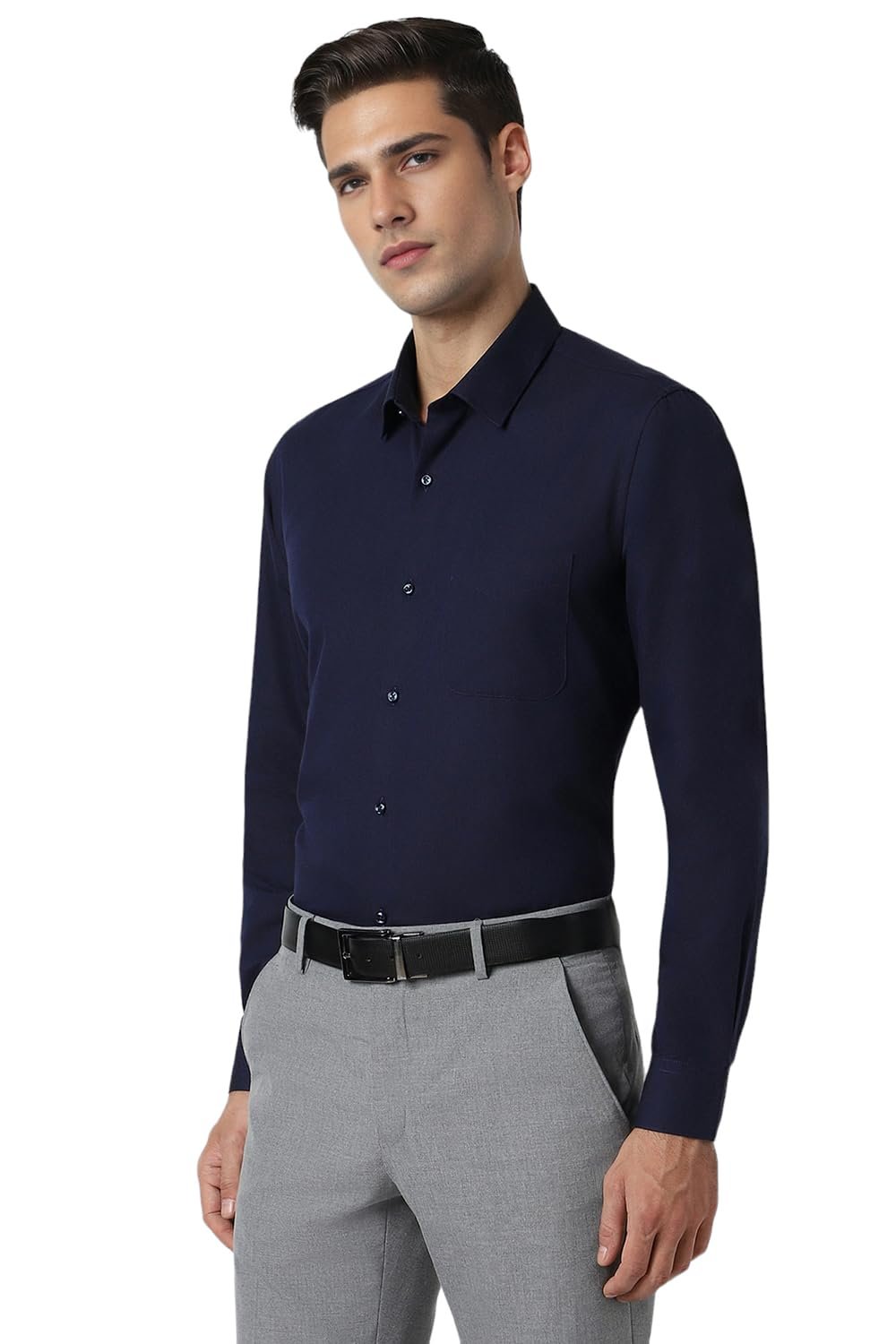 Peter England Men's Premium Solid Herringbone Regular Fit Full Sleeve Formal Shirt | Wonder Fabric | Cotton Rich Dark Navy - Image 5