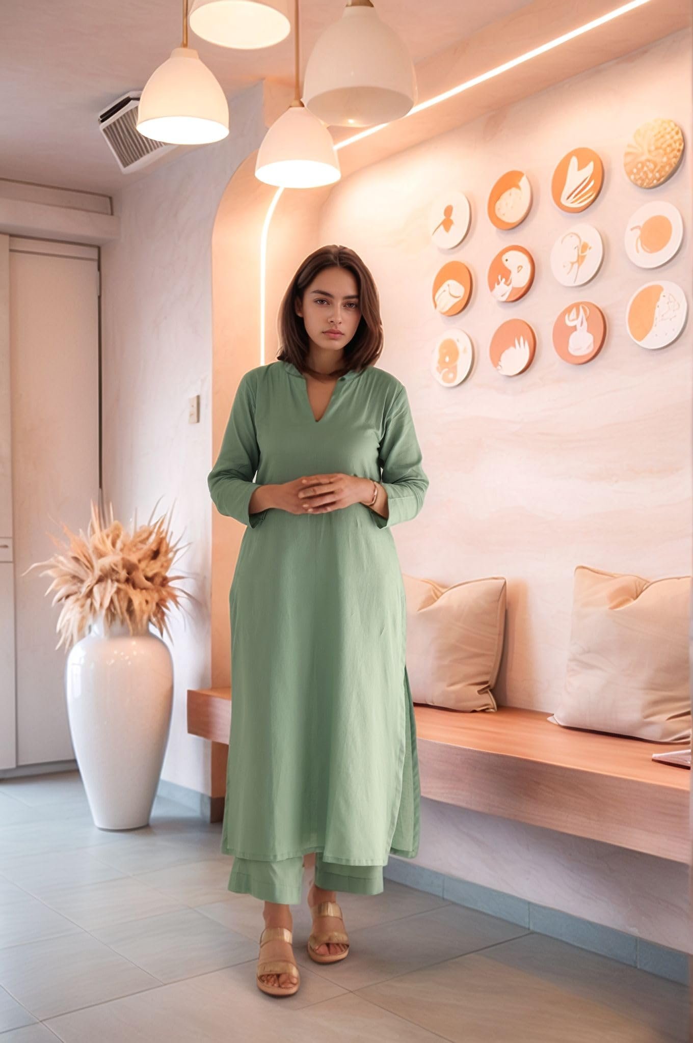 GoSriKi Women's Rayon Viscose Solid Straight Kurta with Pant & Dupatta (Paradise Pista-GS_S_Pista_Small) - Image 3