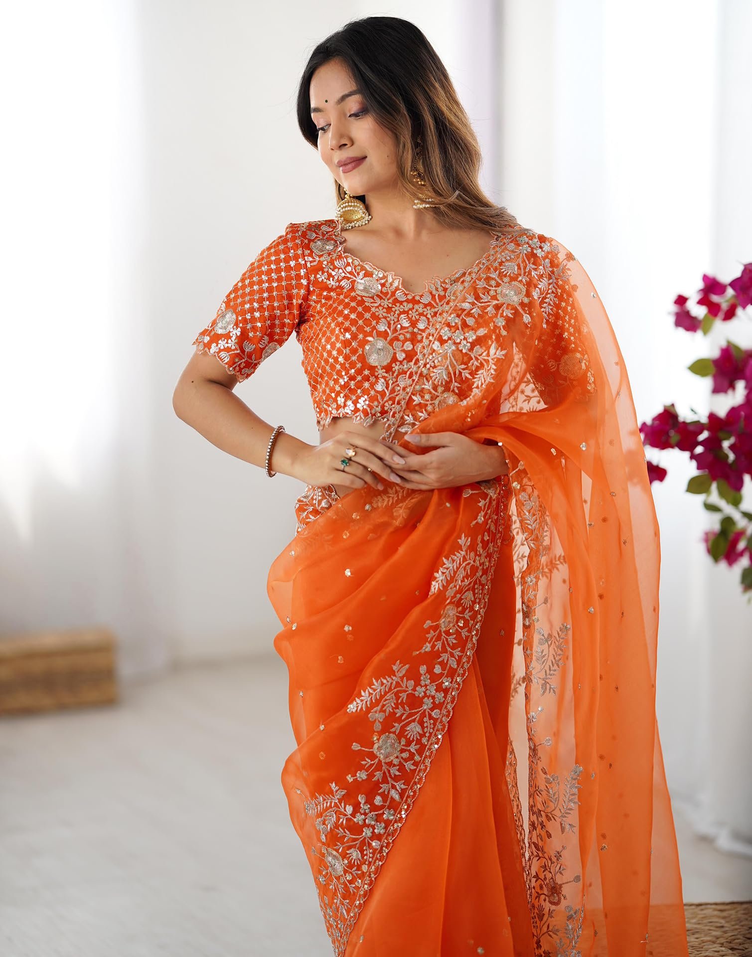 SIRIL Women's Organza Sequence Embroidery Saree with Unstitched blouse Piece (4472S116_Orange) - Image 3