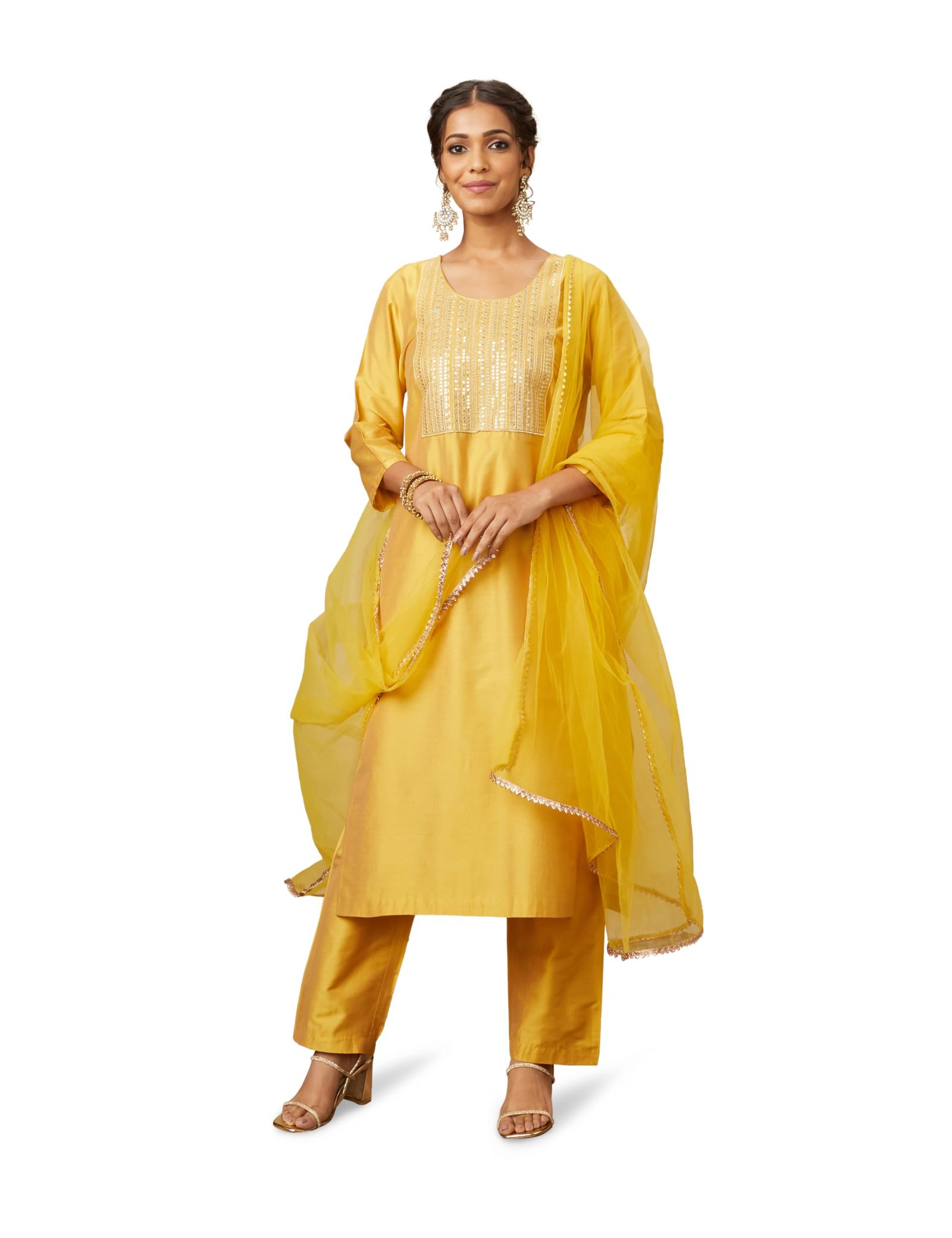 Myx Women's Embroidered Kurta Pant Set with Mesh Dupatta | Viscose,Rayon (AW24-MYX-SKD-VN-02_Mustard_L)