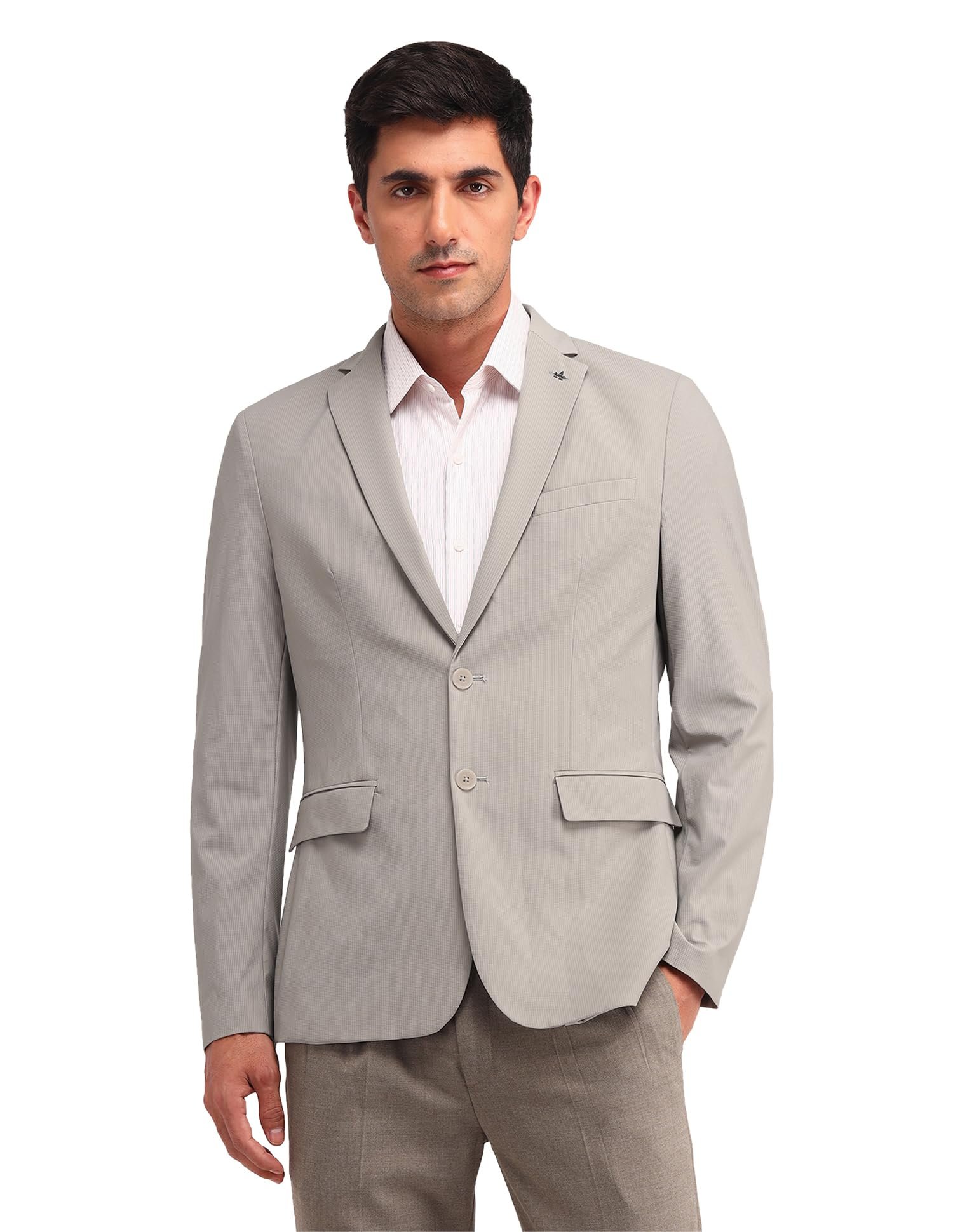 Arrow Men's Beige Textured Notch Collar Long Sleeve Formal Nylon Slim Fit Blazer (ARAIBZ5050_Beige_42)
