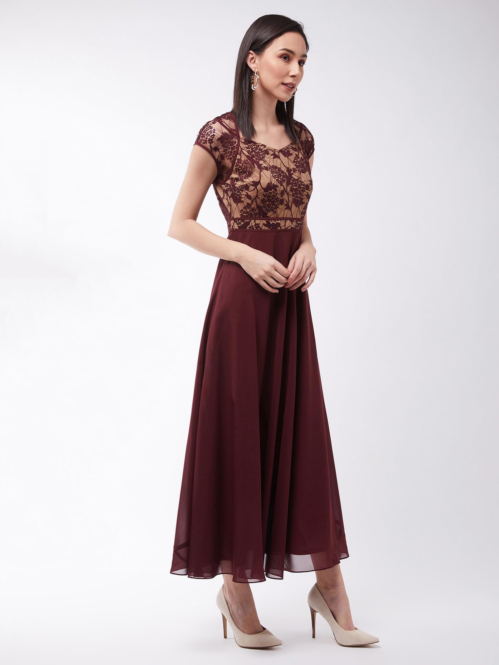 Miss Chase Women's Floral V - Neck Cap Short Sleeves Lace Overlaid Fit & Flare Paneled Maxi Dress (MCSS21D06-11-603-04,Wine & Beige,M) - Image 6