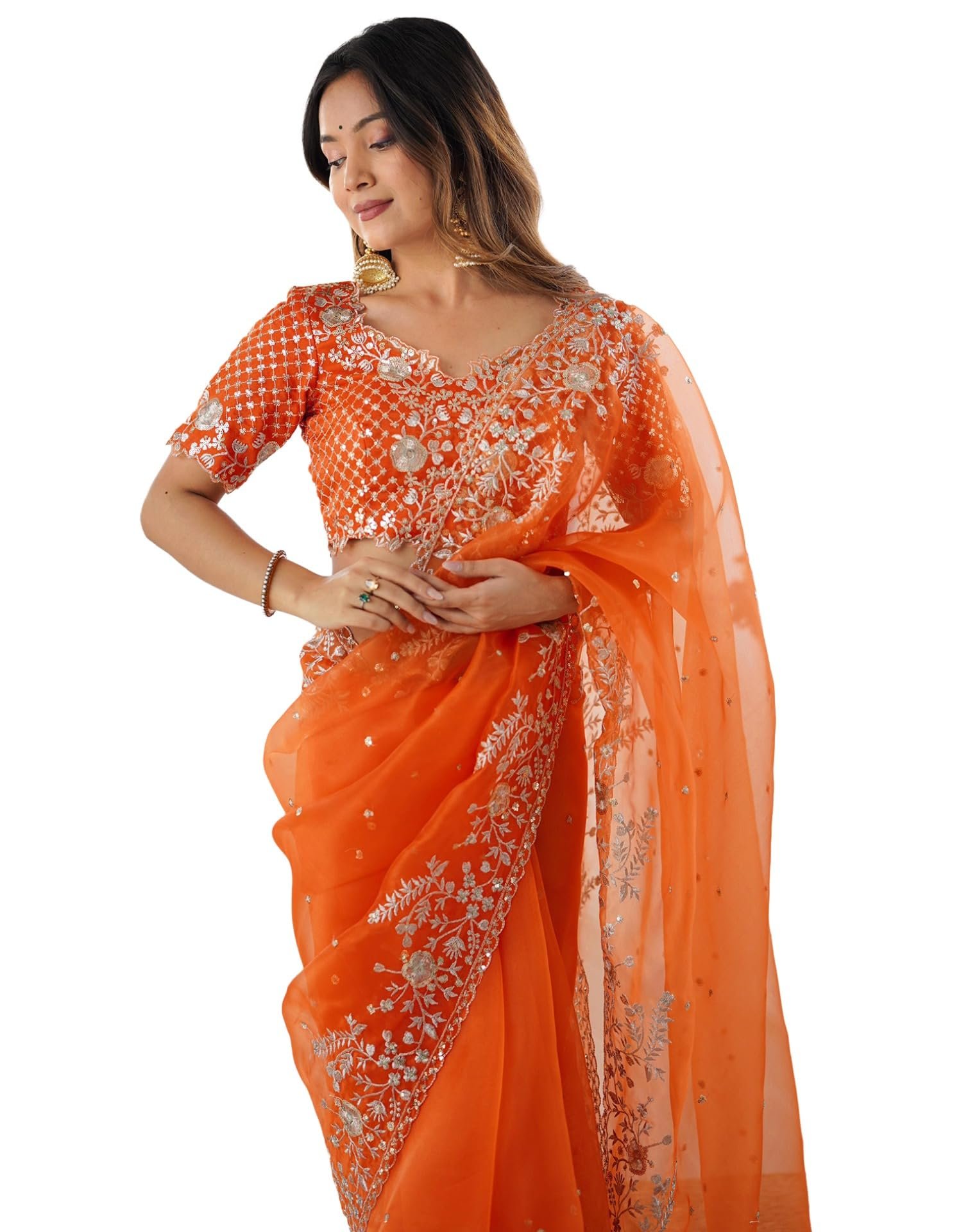SIRIL Women's Organza Sequence Embroidery Saree with Unstitched blouse Piece (4472S116_Orange)