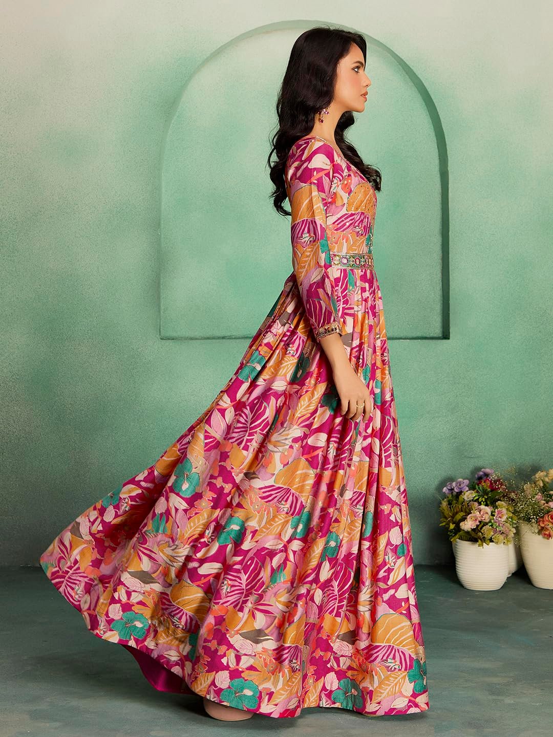 madhuram textiles Women's vetican Print with Hand Embroidery Work Anarkali Long Gown(M-2544 Pink_Small) - Image 6