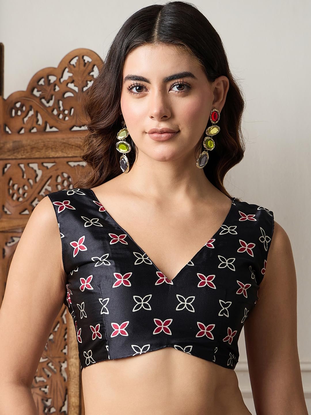 AKHILAM Women's Pink Crepe Ajrak Printed Saree With Unstitched Blouse (KAJRKH386002_RJ11) - Image 2